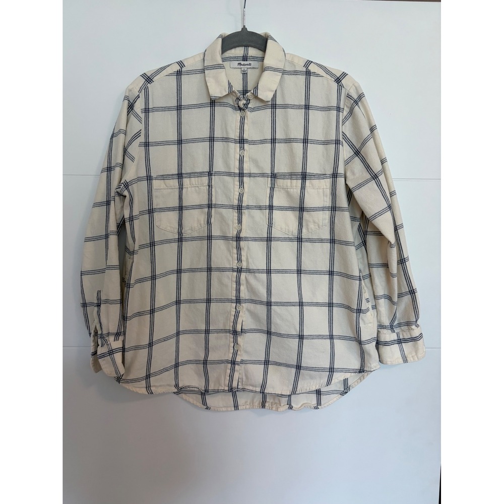 Madewell Cream Navy Windowpane Plaid Flannel Button Down Shirt Pockets Womens S